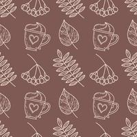 Seamless pattern on a brown background leaves and berries of mountain ash and a cup of coffee vector
