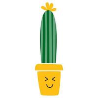 Vector illustration of cactus in flower pot. Succulent houseplant home gardening and decoration. Cacti smiling friendly character. For cards, social media, banners and printing on paper or textile.