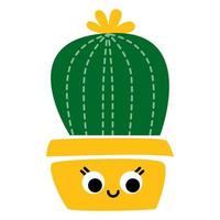 Vector illustration of cactus in flower pot. Succulent houseplant home gardening and decoration. Cacti smiling friendly character. For cards, social media, banners and printing on paper or textile.