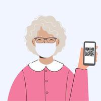 Elderly lady with glasses holds mobile phone in her hand. QR code is displayed on it vector