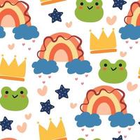 seamless pattern cartoon frog and boho rainbow vector