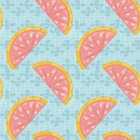 patrón impecable con colchones inflables en forma de pomelo para la fiesta en la piscina, fondo de tela y pancarta vector