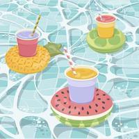 Set of the Inflatable mattress in the shape of a kiwi, pineapple and watermelon with cocktails in the pool, pool party, beach vacation, hotel vacation with inflatable toys vector