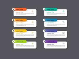 Modern infographics business design with 8 option concepts, parts, steps or processes can be used for workflow layout, diagram, number options, web design. infographic element. vector