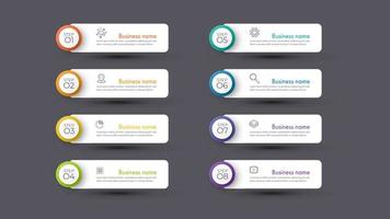 Modern infographics business design with 8 option concepts, parts, steps or processes can be used for workflow layout, diagram, number options, web design. infographic element. vector