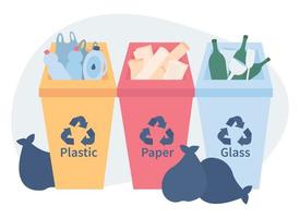 Different colored trash dumpsters with paper, plastic and glass suitable for recycling. Sorting garbage. Flat vector illustration on a white background.