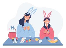 A mother and her daughter painting Easter eggs. Girls wearing bunny ears on Easter day. Happy family preparing for Easter. Flat vector illustration on a white background.