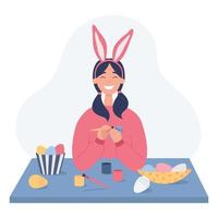 A girl painting Easter eggs. Girl wearing bunny ears on Easter day. Flat vector illustration on a white background.