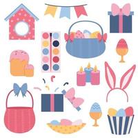 Set of Easter design elements with easter eggs, basket, pie and candles. Happy easter. Vector illustration on a white background.