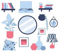 Interior. A set of accessories for the home. Plants, lamp, shelf, mirror, pictures, vase, pillow and record player. Flat vector illustration on a white background