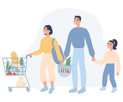 Flat vector illustration. Family buying groceries in shop.