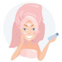 Girl takes care of her skin.Touches the face. Vector illustration on a white background.