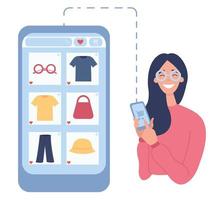 Flat vector illustration on a white background. Girl orders clothes online. Online shopping. Lockdown