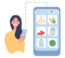 Flat vector illustration on a white background. Girl shopping online with phone. Online shopping. Lockdown