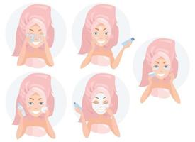 Cute young girl. Everyday personal care, skincare daily routine, hygienic procedure. Daily routine of a girl set. Flat cartoon colorful vector illustration on a white background