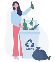 mujeres responsables de pie cerca del cubo de basura con vidrio. chica clasificando basura para reciclar. concepto de medio ambiente y ecología. ilustración de vector plano sobre un fondo blanco.