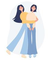 A girl is hugging a girl with a smiling face. Two girls friends laughing and hugging. Flat vector illustration on a white background.