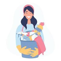 mujer joven con herramientas y productos de limpieza en balde. ilustración de vector plano sobre un fondo blanco.