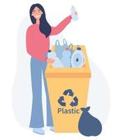 mujeres responsables de pie cerca del cubo de basura con plástico. chica clasificando basura para reciclar. concepto de medio ambiente y ecología. ilustración de vector plano sobre un fondo blanco.