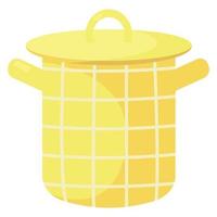 Cartoon cooking pot. Yellow saucepan. Kitchen colorful appliance. Flat vector illustration on a white background.