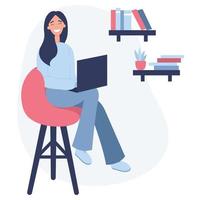 Girl works with a laptop. A woman is sitting in a chair. Remote work from home. Freelance. Coronavirus pandemic. Flat vector illustration on a white background.