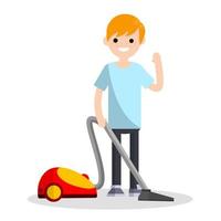 Man with vacuum cleaner in blue clothes. vector