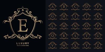 Letter E or collection initial alphabet with luxury ornament floral frame golden logo template. vector