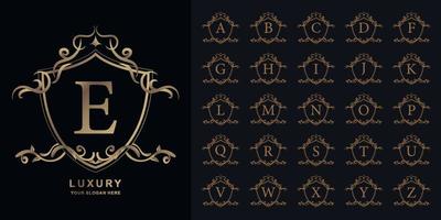 Letter E or collection initial alphabet with luxury ornament floral frame golden logo template. vector