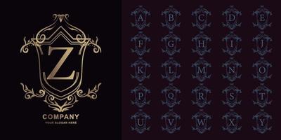 Letter Z or collection initial alphabet with luxury ornament floral frame golden logo template. vector