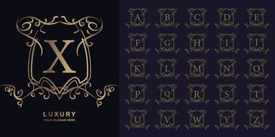 Letter X or collection initial alphabet with luxury ornament floral frame golden logo template. vector