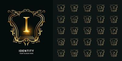 letra i o alfabeto inicial de colección con plantilla de logotipo dorado de marco floral de adorno de lujo. vector