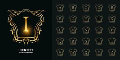 Letter I or collection initial alphabet with luxury ornament floral frame golden logo template. vector