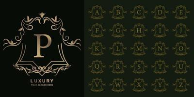 Letter P or collection initial alphabet with luxury ornament floral frame golden logo template. vector