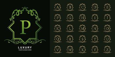 Letter P or collection initial alphabet with luxury ornament floral frame golden logo template. vector