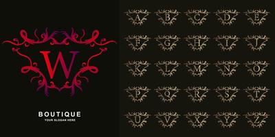 Letter W or collection initial alphabet with luxury ornament floral frame golden logo template. vector
