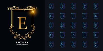Letter E or collection initial alphabet with luxury ornament floral frame golden logo template. vector