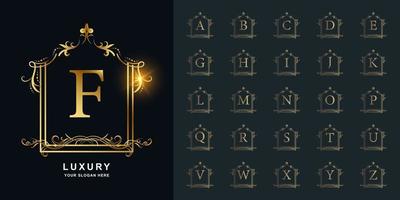 Letter F or collection initial alphabet with luxury ornament floral frame golden logo template. vector