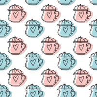 patrón de vector transparente con linda ilustración de dibujos animados de taza de café con corazón divertido