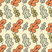 Seamless vector pattern with orange and green leaves in doodle style on yellow pastel background.