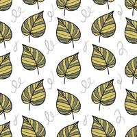 Seamless vector pattern with leaves and doodle on white background.