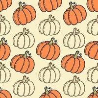 Seamless pattern with hand drawn cute pumpkin in cartoon style. Flat pastel background of pumpkins and squash. vector