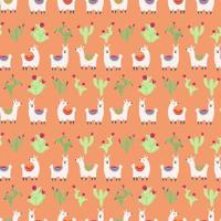 Lama alpaca seamless pattern with cactus. Vector illustration of nursery characters in cartoon hand drawn doodle childish style for baby apparel, textile design, wrapping paper, scrapbooking.