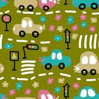 Summer seamless pattern with cars and flowers. vector