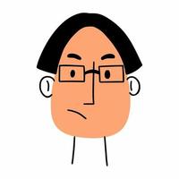 A sad man with glasses. A person face. Vector illustration of doodles. Drawing by hand.