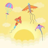 Sunset and flying kites among clouds. Colorful festive kites of different types and shapes. vector