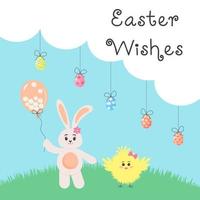 Rabbit with a balloon of daisies and a fluffy chicken in the meadow. Painted eggs hanging from the clouds. Easter wishes text. Postcard. vector