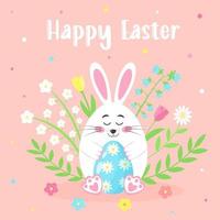 feliz tarjeta de felicitación de pascua con conejito abrazando huevo y flores. vector