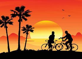 Silhouettes of a man and a woman riding bikes, palm trees and a hill