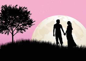 Silhouette couple man and woman holding hand together on hill under moonlight vector