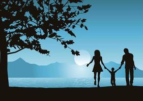 Family silhouette at sunset near the sea mother dad kids vector